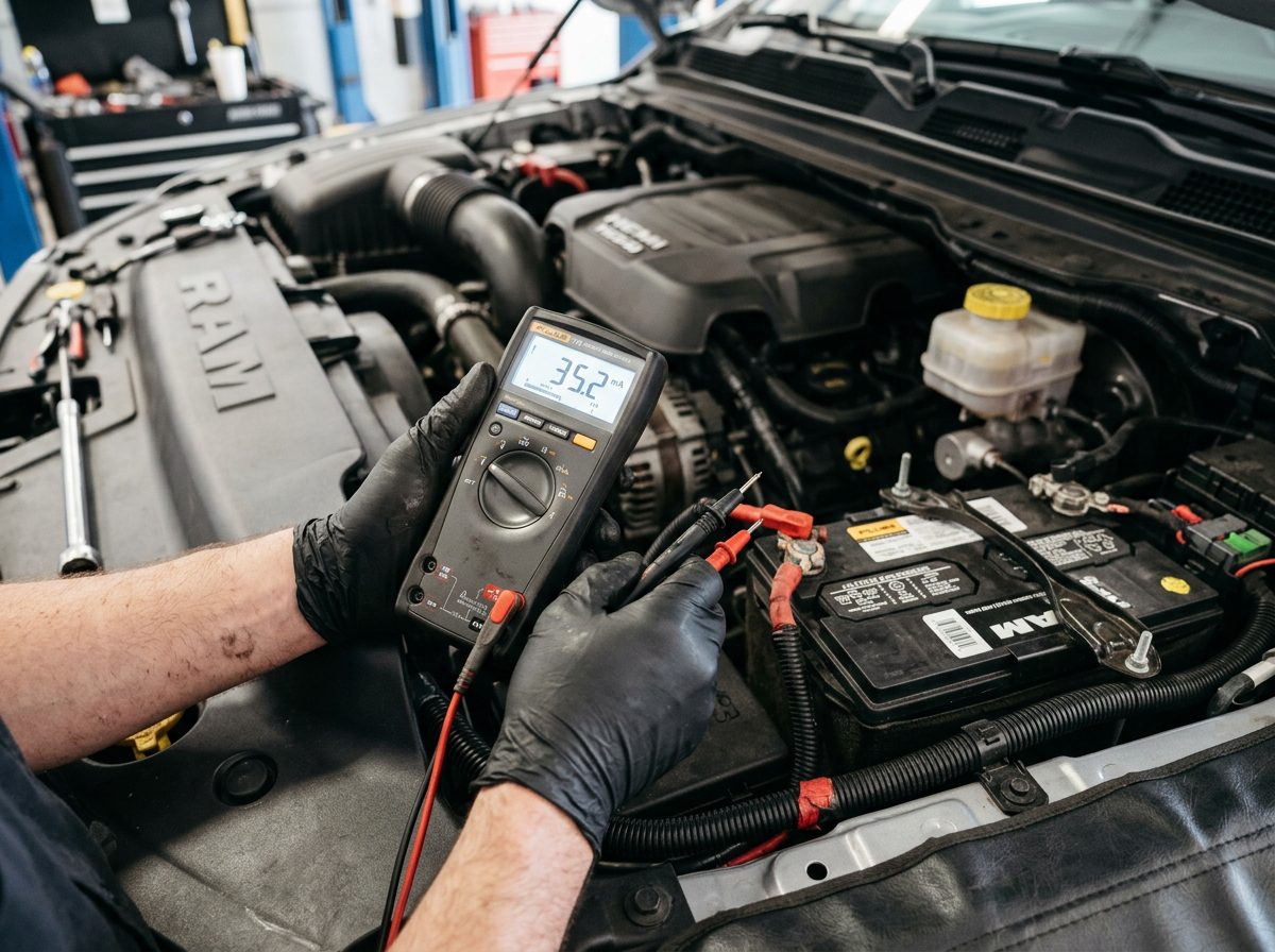 Mechanic using a digital multimeter to diagnose Ram parasitic battery drain on a Ram 1500 engine bay