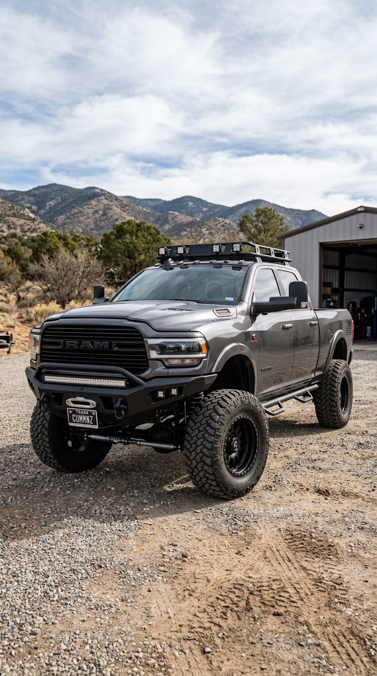 Lifted_Dodge_Ram_truck_parked Lifted Dodge Ram 2500 Cummins diesel truck with aftermarket accessories" Cold air intake close-up (placed after "Start With the Basics