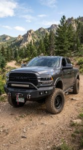 Heavy-duty steel front bumper on a Dodge Ram 2500 diesel truck