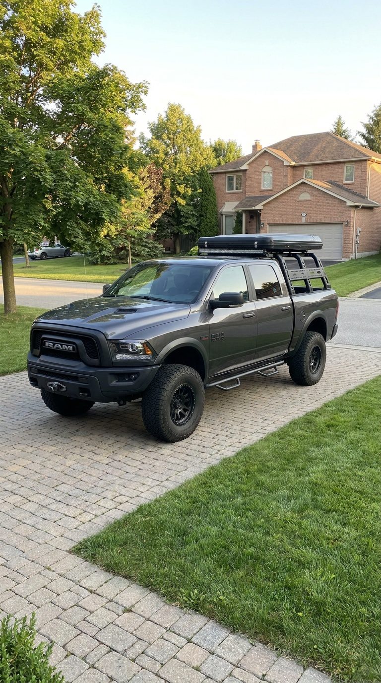 Dodge_Ram_parked_in_driveway Dodge Ram 1500 truck equipped with aftermarket bed and exterior accessories parked in a residential driveway