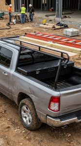 Work-ready Dodge Ram 1500 with ladder rack and locking crossbed toolbox installed